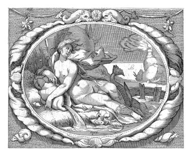 Su (Aqua), Jacob Matham (atölye çalışması), Jacob Matham 'dan sonra, 1606 - 1610 Element suyunun (aqua) kişiselleştirilmesi: bir akarsu kenarında balıklarla birlikte yatan bir kadın figürü..