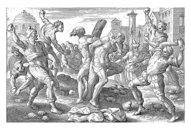 Stoning of the Elders, Crispijn van de Passe (I), after Maerten de Vos, 1574 - 1637 The two elders are tied to a tree and stoned by four executioners. In the margin a two-line caption in Latin. clipart