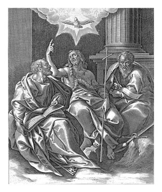 Vaftizci Yahya, Peter ve Paul ile birlikte, Antonie Wierix, Bartholomeus Spranger 'dan sonra, 1610 - 1676 Vaftizci Yahya, Aziz Peter (anahtar ayaklarının altında) ve Aziz Paul (kılıç onun ayaklarının altında) tarafından kuşatıldı.) .