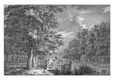 Amsterdam yakınlarındaki Gein nehrinin kıyısında. Ön planda bir çift iskelede. Kadın bir şemsiye taşıyor. Adam pipo içiyor..