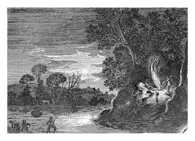 Gölün kıyısında bazı figürler gece kamp ateşi etrafında oturur. Suda üç balıkçı çalışıyor..