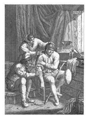 Pencere kenarındaki bir odada bir cerrah bir adamın yarasını yakar. Başka bir adam hastanın başını ve omzunu tutuyor..