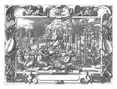 Müzik şirketi olan bir bahçe. Sahne, müzik aletleri, meyveler, çiçekler ve Gemini takımyıldızının tepesinde yer alan süs çerçevesi tarafından çerçevelenmiştir..