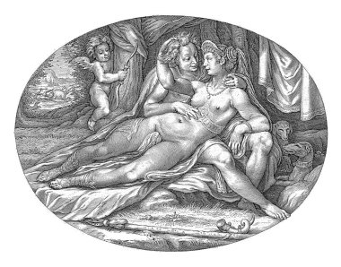 Venüs ve Adonis, Jacob Matham, 1599 - 1600 Venüs ve Adonis kucaklaşan aşıklar. Bir ağacın arkasında yayıyla Amor ve uzakta Atalanta, Meleager 'ın sevgilisi.