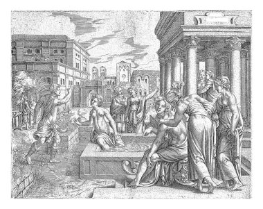 Havuzun kenarında oturan Bathsheba, Kral Davut 'tan bir haberci alır ve onu saraya davet eder..