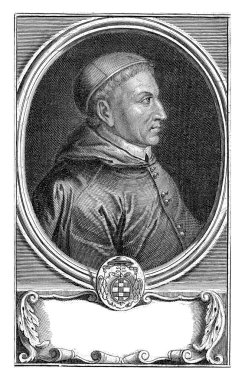 Portrait of the Spanish cardinal and statesman Francisco Jimnez de Cisneros (1436-1517), depicted in oval frame with coat of arms clipart