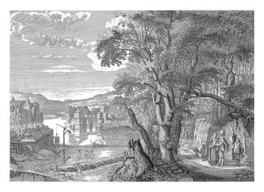 Nehir kenarındaki şatolarda ve sol taraftaki su değirmeninde müsrif çocuk, zarif giyimli bir kadın ve bir hizmetçiyle birlikte sağda..