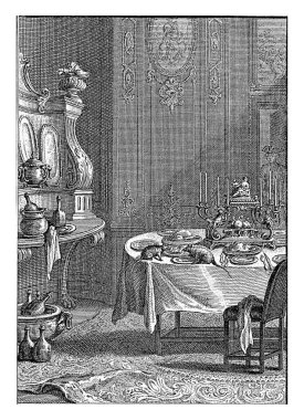 İki sıçan yemek odasındaki zengin bir masada aynı tabaktan yiyorlar. Fabl IX Le Rat de ville et le Rat des champs 'dan görüntü.