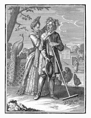 Mayıs, Caspar Luyken, 1698 - 1702 Mayıs. Bahçede tırmıkla çalışan bir adam. Arkasında kafasına çiçek çelengi bastıran bir kadın var. Kadının arkasında bir tavus kuşu var. Arka planda bir malikane.