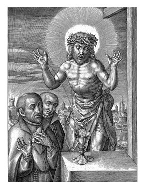 İsa 'nın kanı Kadehte toplandı, Hieronymus Wierix, 1563 - 1619' dan önce İsa çarmıhın yanında duruyor. Çarmıha gerilme yaralarından akan kan bir kadehe akıyor..