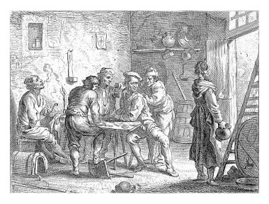 Beş köylü bir otelde sigara ve içki içiyor. Elinde sürahi olan bir kadının otelden çıkışını izliyorlar..