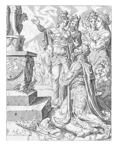 Соломон Преклоняет Колени Перед Идолом Стоящим Пьедестале Рядом Ним Находятся — стоковое фото