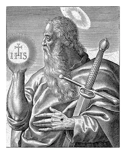 Paulus Antonie Wierix 1595年 1635使徒パウロは腕の下に剣を持っていました 彼の右手には ハロのキリストのモノグラム — ストック写真