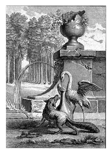 噴水のそばにコウノトリとキツネの風景 コウノトリはくちばしを花瓶に入れる Fable Xviii Renard Cikogneのイラスト — ストック写真