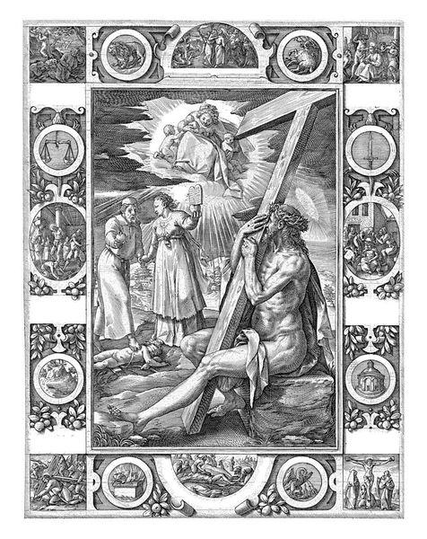 Χριστός Σχεδόν Γυμνός Κάθεται Σταυρό Στην Αγκαλιά Του Γύρω Από — Φωτογραφία Αρχείου
