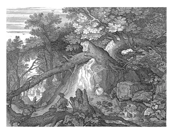 倒木や滝と森の風景 手前に座った男と四頭のヤギ 風景画6部作の第1作目 — ストック写真