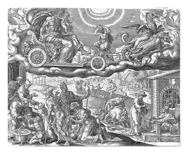 土星乘坐他的战车在天空中 由两条龙牵引 他吃了他的一个孩子 摩羯和水瓶座的迹象表明哪些人属于土星的势力范围 — 图库照片