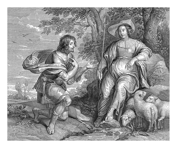 牧羊女西维亚和牧羊人的手杖坐在岩石上 而牧羊人科里顿跪在她面前 — 图库照片