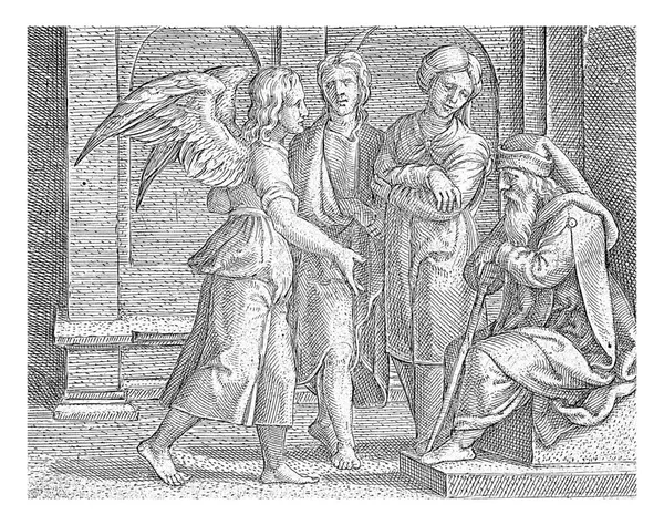 天使拉斐尔向坐着的盲人托比特作自我介绍 在他们之间是托比亚斯和安娜 — 图库照片
