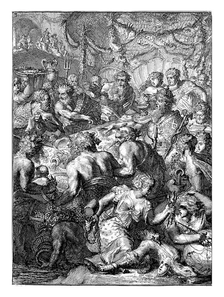 Peleus和Thetis婚宴的比喻代表 在众神的进餐中 有江神的形象在争论 其中包括海王星 多瑙河 莱茵河 安斯特尔 泰晤士河 塞纳河 — 图库照片