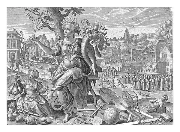 平和は富を生み出す カレル ファン メラリー マーテン ヴォスの後 1610 1635平和のパーソナライズ Pax 彼女の手の中にオリーブの枝とたくさんの角 — ストック写真