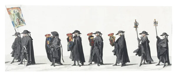 A banner and the bearers of the four quarters of the stadholder\'s coat of arms. Funeral procession of Stadholder Willem IV in Delft on February 4.