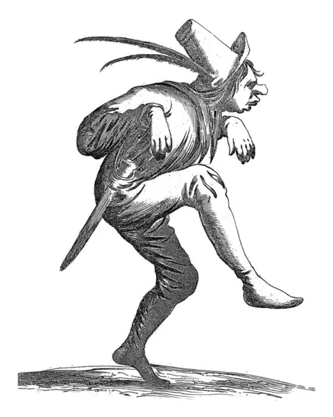 頭に羽のついた帽子と腰に短剣で愚か者を踊る このプリントは愚か者と12枚のプリントの一部です — ストック写真