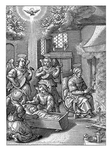 玛丽亚睡在她的摇篮里 Hieronymus Wierix 1563年 1619年以前年轻的玛丽亚躺在她的床上 天使们为她谱曲 为她歌唱 为她的安睡 为她刻有古老的铭刻 — 图库照片