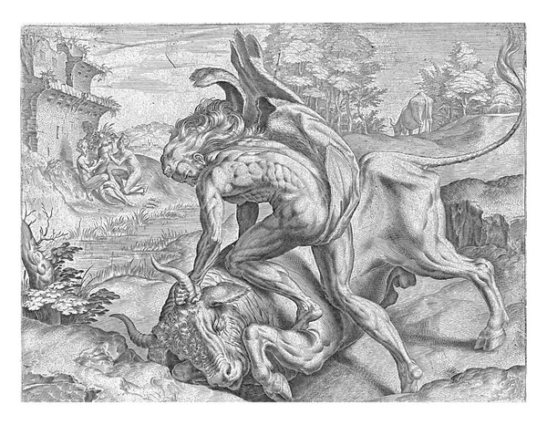 海克力士在弗朗斯 弗洛里斯一世之后 在1563年或之后 在1595年之前 海克力士与河流之神艾克力士搏斗 艾克力士成为公牛 — 图库照片