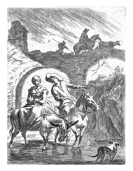 被毁的桥 尼古拉 皮特尔斯之后 1643 1692年伯彻姆一位骑马的牧羊人和一位骑驴的牧羊人带着他们的狗穿过了福特 — 图库照片