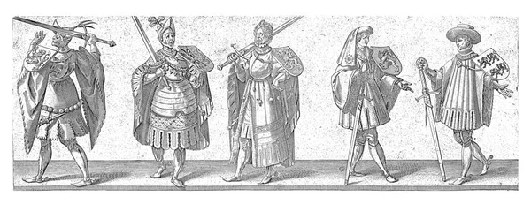 Representação Cinco Homens Com Espada Escudo — Fotografia de Stock
