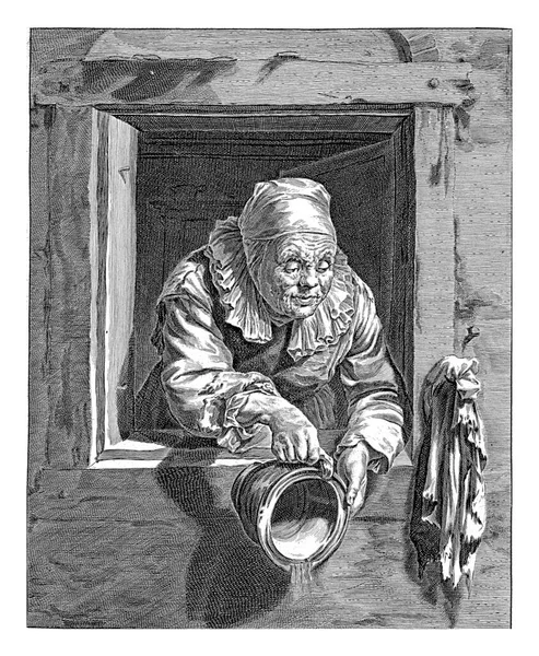ベジェ ヘンドリック バリー フランスのファン ミエリス 1657年 1707年の後ある老婦人は 彼女のピススポットの内容物を窓の外に投げます オランダ語で4行の詩の公演の下 — ストック写真