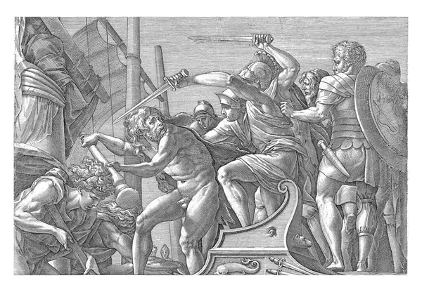 ヘラクレスは2人の男と船で戦い ここで助けられたのは 3体の巨人ゲリュオネウスとのヘラクレスの戦いの物語ですが それはパフォーマンスで認識することは困難です — ストック写真