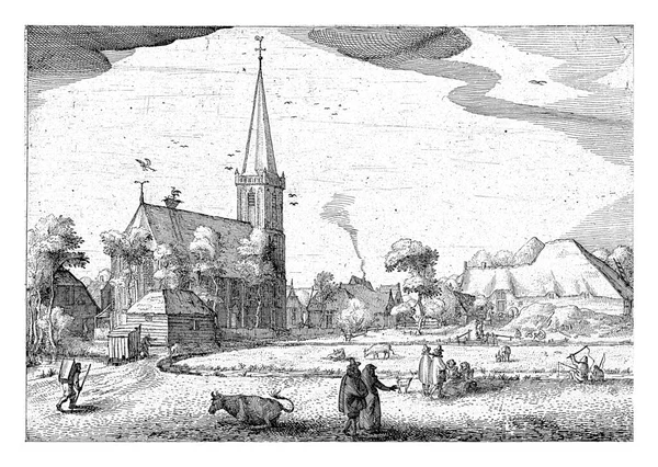 Widok Wioskę Diemen Kościołem Lewej Farmą Strzechą Prawej Stronie Pierwszym — Zdjęcie stockowe