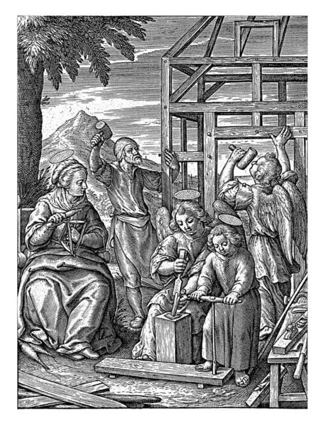 キリストの子は家を建て ヒエロニムス ウィリクス 1563年 1619年以前キリストの子は板の穴をあける 2人の天使とジョセフで家を建て — ストック写真