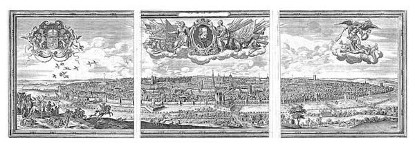 Bird\'s-eye view of Brussels, consisting of three parts. At the front left is a hunting party, consisting of several men and women on horseback with hooded falcons on their gloves.