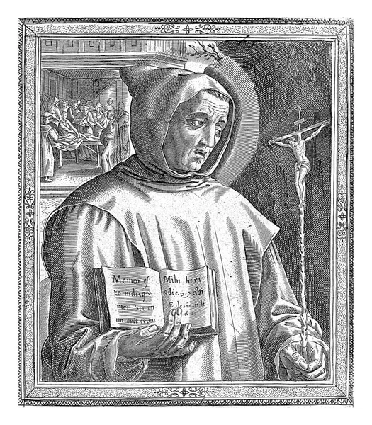 科隆的圣布鲁诺 卡尔萨斯骑士团的创始人 拿着十字架和一本打开的书 — 图库照片