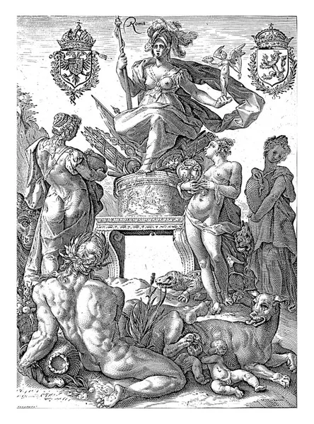 Bogini Rzymu Siedząca Miejscu Broni Piedestale Lewej Ręce Posąg Bogini — Zdjęcie stockowe