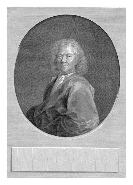 Hermanus Boerhaaveの左に楕円形の半長の肖像画 下の写真はラテン語で3行の名前とタイトルです — ストック写真