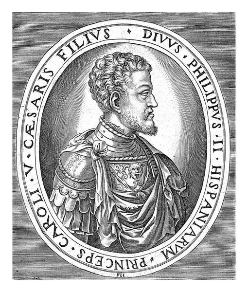 西班牙国王菲利普二世的画像 右边半身 身穿盔甲 椭圆形框架 边缘用拉丁字母书写 — 图库照片
