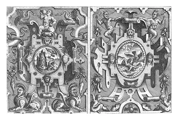 1枚に2枚のカーテン 左のカルトゥーシュはペルセウスによるアンドロメダの解放 右のカルトゥーシュはプロメテウスの肝臓が鷲によって抜かれていることを示している 影の背景 — ストック写真