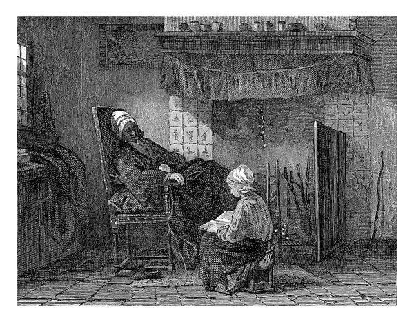 壁炉前的老妇人 海因里希 玛丽亚 休伯特 伦内菲尔德 继约瑟夫 塞勒斯之后 1755年至1877年在一间房间里 一位年老体弱的妇女坐在壁炉前的扶手椅上 — 图库照片
