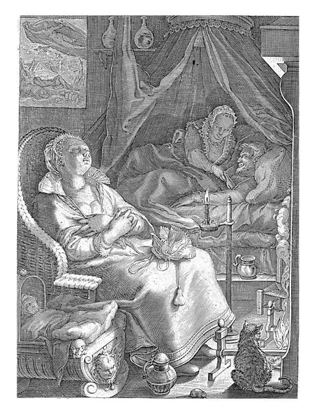 部屋で人が眠っている 前景では 女性は邪悪なアームチェアで寝ています ベビーベッドで寝てる赤ちゃんの隣に — ストック写真