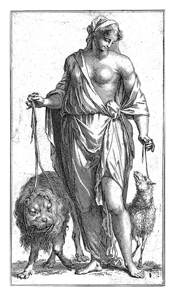 Eine Weibliche Figur Als Personifizierte Mittelmäßigkeit Mit Einem Züchtigen Löwen — Stockfoto