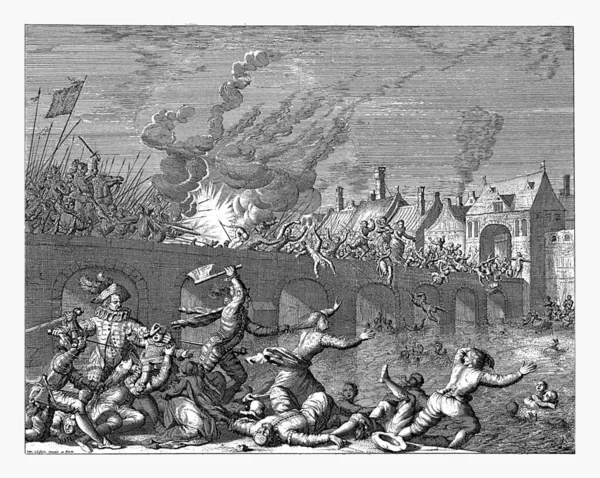1579年6月29日 西班牙人在马斯特里赫特 Maastricht 的屠杀 1678年至1680年 马斯特里赫特在被帕尔马军队围困后被俘虏 西班牙士兵的谋杀和屠杀 — 图库照片