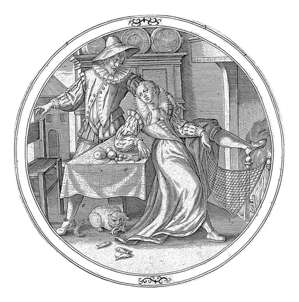 一个女人在烘干她的网 匿名的 1550 1610和一个女人坐在壁炉边 她靠在桌子上 右手靠在桌子上 左腿靠在壁炉上 — 图库照片