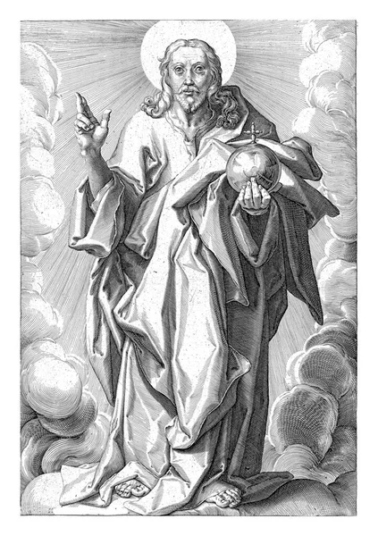 基督为救主 继1607年卡雷尔 曼德尔 站在云彩之中 右手为福气 左手为圆球 — 图库照片