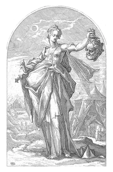 Judith Med Holofernes Huvud Ena Handen Svärdet Den Andra Bakom — Stockfoto