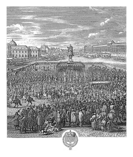 フランス王ルイ14世は護衛と宮廷に囲まれた馬車に座っている 馬車はパリのポン ヌフを横断し 後ろのヘンリー4世 フランス王 ナバラの騎馬像と交差します — ストック写真