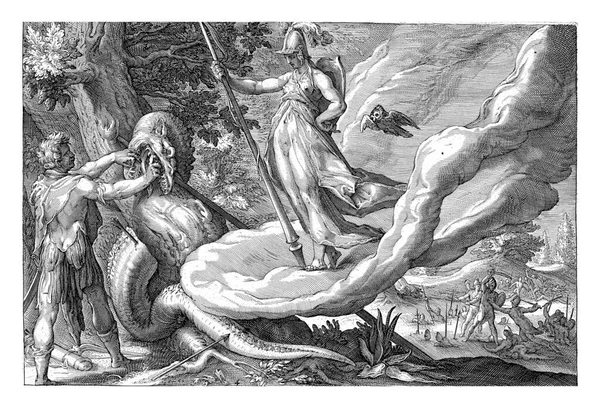 密涅瓦命令卡德摩斯播下他刚刚杀死的龙的一些牙齿 他就这样使那些拿兵器的人从地上起来 — 图库照片